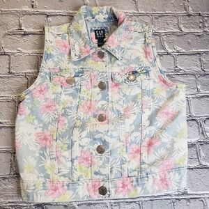 GAP Kids Girls Jean Vest Sleeveless Jacket Size Large (10-11) Floral Denim